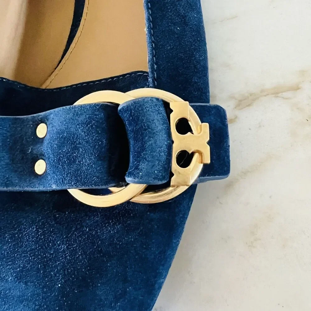 TORY BURCH Solid Blue Suede Smoking Flat Flats Gold Logo Buckle - US 7.5